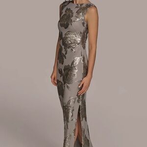 Donna Karan Sleeveless Crew Neck Silver Floral Sequin Cowl Back Evening Gown